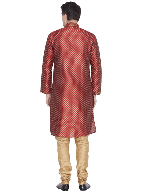 VASTRAMAY Men's Maroon Cotton Silk Blend Kurta and Pyjama Set
