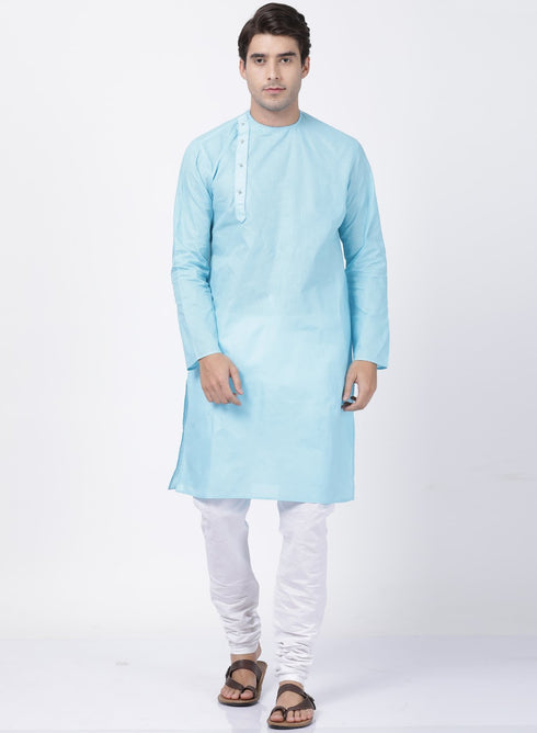 VASTRAMAY Men's Light Blue Cotton Blend Kurta and Pyjama Set