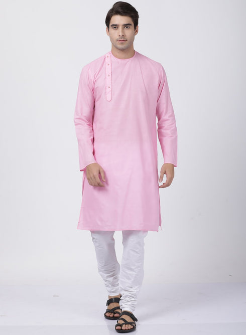 VASTRAMAY Men's Pink Cotton Blend Kurta and Pyjama Set