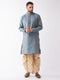 Vastramay Men's Aqua Blue Silk Blend Kurta And Gold Dhoti Set