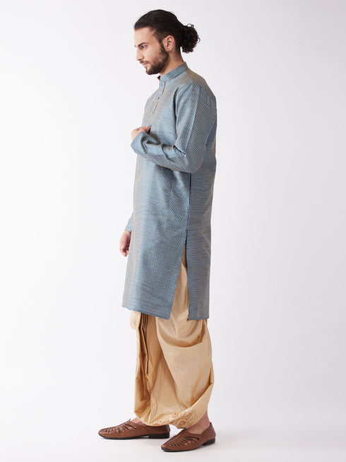 Vastramay Men's Aqua Blue Silk Blend Kurta And Gold Dhoti Set