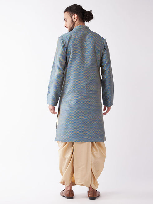 Vastramay Men's Aqua Blue Silk Blend Kurta And Gold Dhoti Set