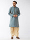 Vastramay Men's Aqua Blue And Gold Silk Blend Kurta And Dhoti Set