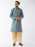 Vastramay Men's Aqua Blue And Gold Silk Blend Kurta And Dhoti Set