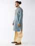 Vastramay Men's Aqua Blue And Gold Silk Blend Kurta And Dhoti Set