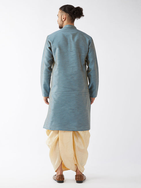 Vastramay Men's Aqua Blue And Gold Silk Blend Kurta And Dhoti Set