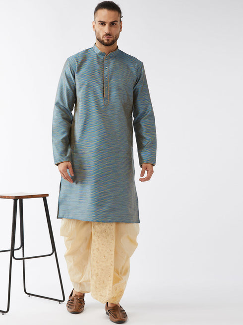 Vastramay Men's Aqua Blue And Gold Silk Blend Kurta And Dhoti Set