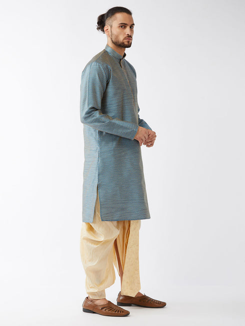 Vastramay Men's Aqua Blue And Gold Silk Blend Kurta And Dhoti Set