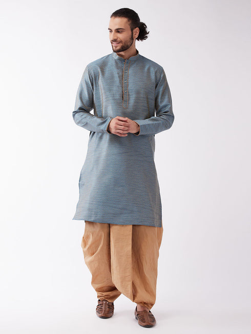Vastramay Men's Aqua Blue And Rose Gold Silk Blend Kurta And Dhoti Set