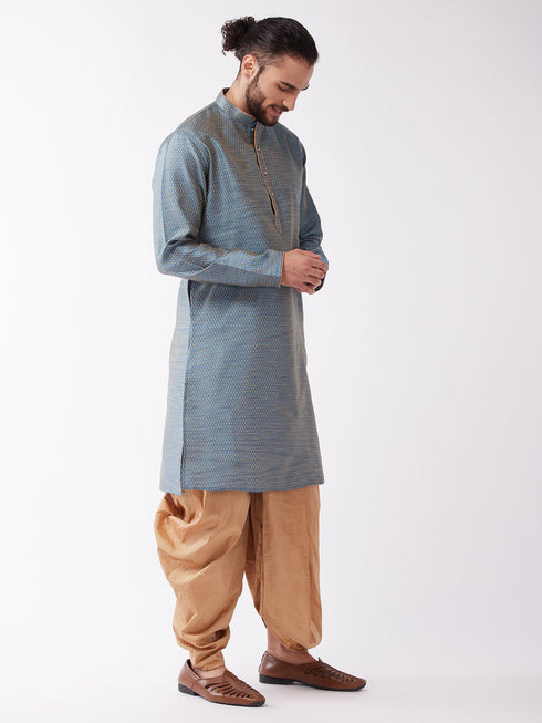 Vastramay Men's Aqua Blue And Rose Gold Silk Blend Kurta And Dhoti Set