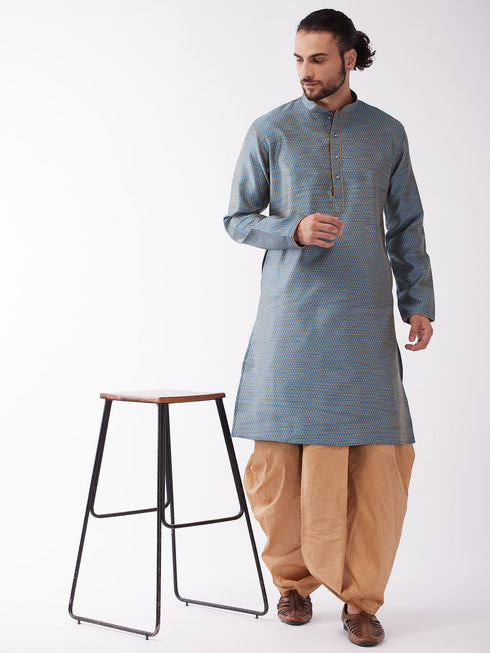 Vastramay Men's Aqua Blue And Rose Gold Silk Blend Kurta And Dhoti Set