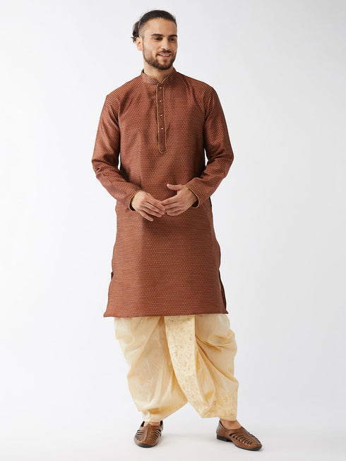 Vastramay Men's Maroon And Gold Silk Blend Kurta And Dhoti Set