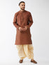 Vastramay Men's Maroon And Gold Silk Blend Kurta And Dhoti Set