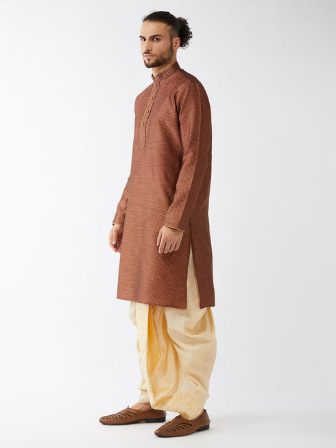 Vastramay Men's Maroon And Gold Silk Blend Kurta And Dhoti Set