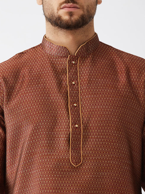 Vastramay Men's Maroon And Gold Silk Blend Kurta And Dhoti Set