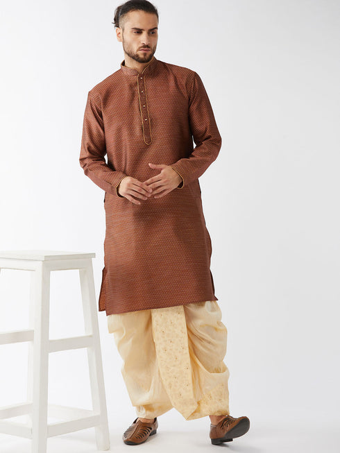 Vastramay Men's Maroon And Gold Silk Blend Kurta And Dhoti Set