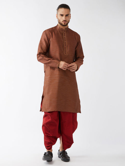 Vastramay Men's Maroon Silk Blend Kurta And Dhoti Set