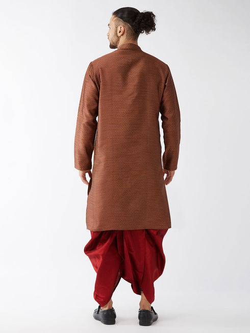 Vastramay Men's Maroon Silk Blend Kurta And Dhoti Set