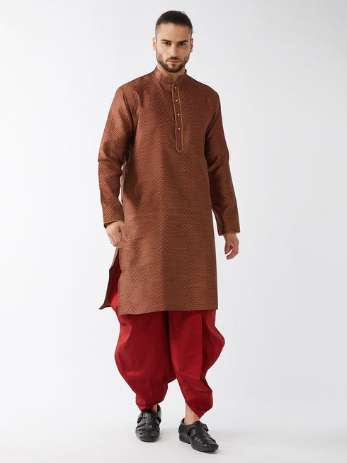 Vastramay Men's Maroon Silk Blend Kurta And Dhoti Set