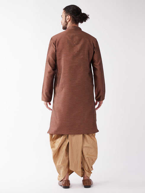 Vastramay Men's Maroon And Rose Gold Silk Blend Kurta And Dhoti Set