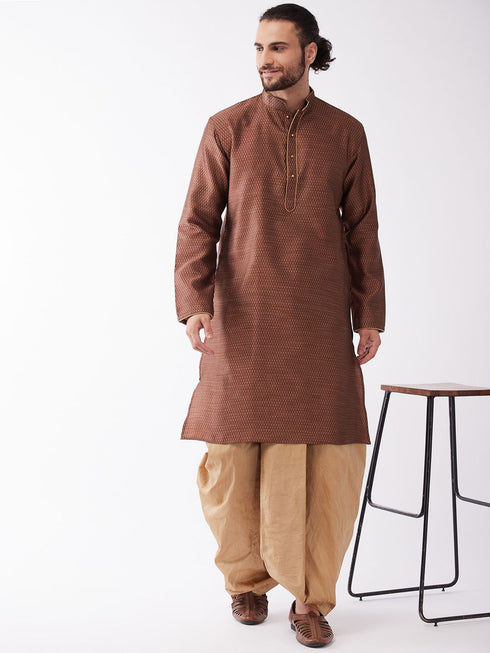 Vastramay Men's Maroon And Rose Gold Silk Blend Kurta And Dhoti Set