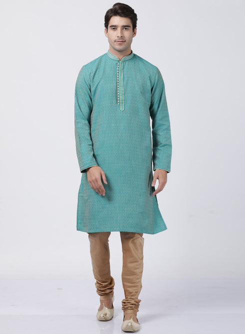 Vastramay Men's Green Cotton Silk Blend Kurta and Pyjama Set