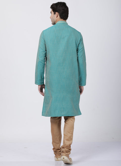 Vastramay Men's Green Cotton Silk Blend Kurta and Pyjama Set