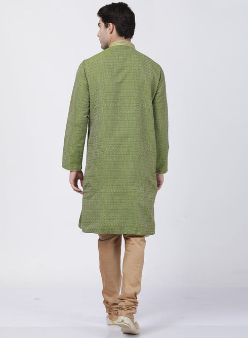 Vastramay Men's Green Cotton Silk Blend Kurta and Churidar Set