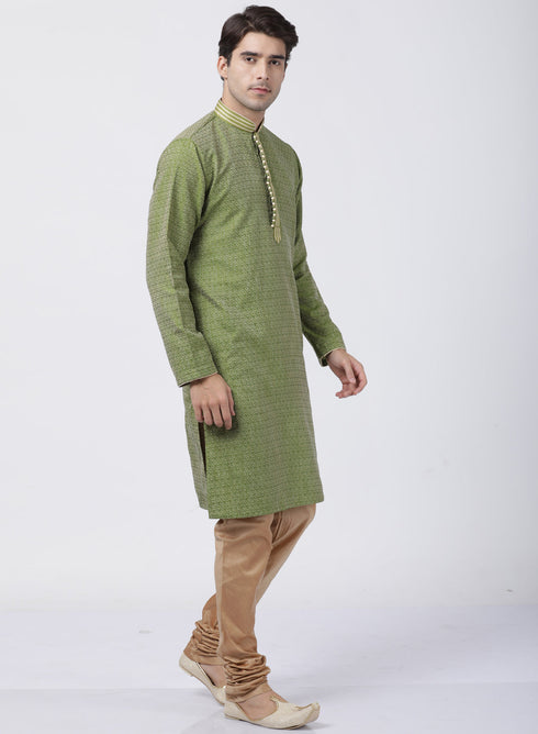 Vastramay Men's Green Cotton Silk Blend Kurta and Churidar Set