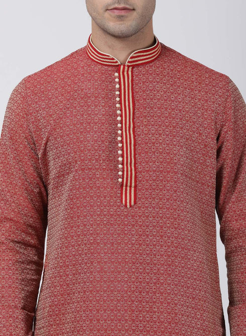 Vastramay Men's Red Cotton Silk Blend Kurta and Churidar Set
