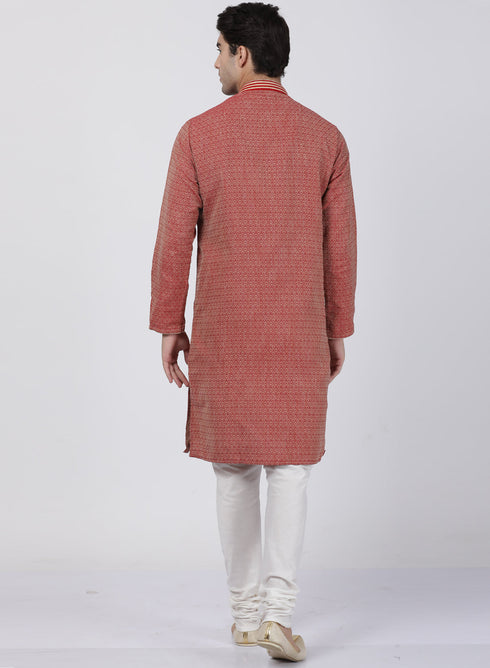 Vastramay Men's Red Cotton Silk Blend Kurta and Churidar Set