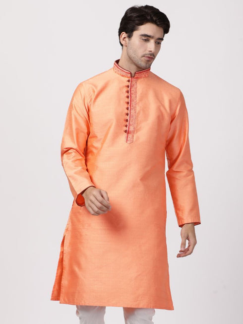 Vastramay Men's Orange Cotton Silk Blend Kurta