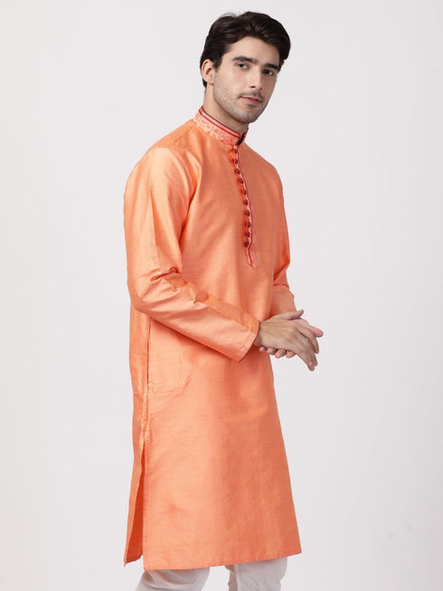 Vastramay Men's Orange Cotton Silk Blend Kurta