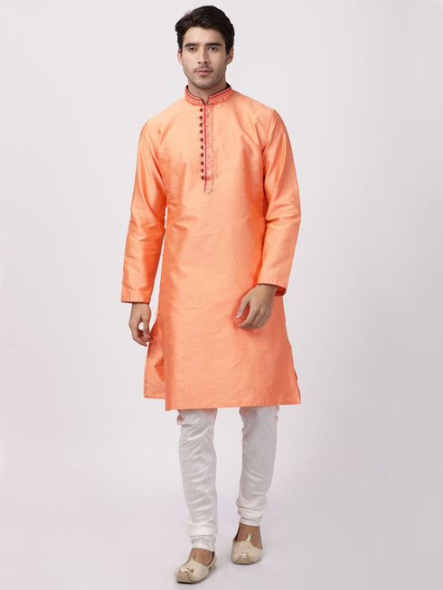 Vastramay Men's Orange Cotton Silk Blend Kurta
