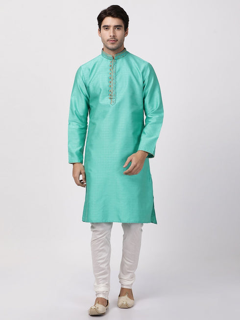Vastramay Men's Green Cotton Silk Blend Kurta and Pyjama Set