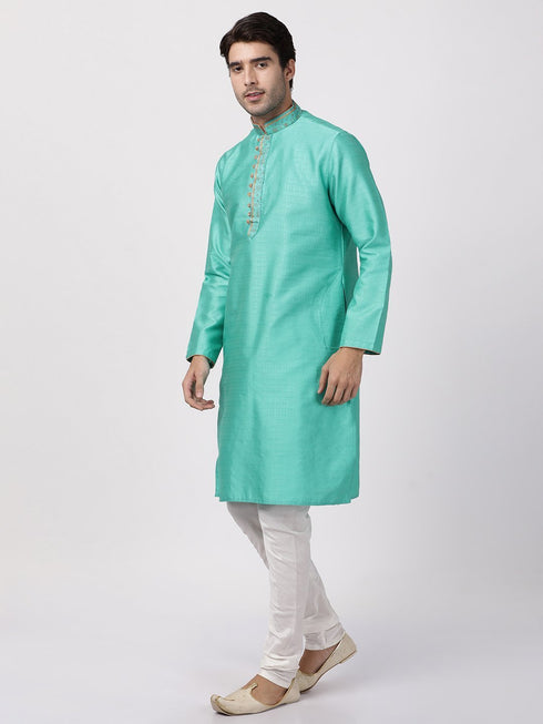 Vastramay Men's Green Cotton Silk Blend Kurta and Pyjama Set