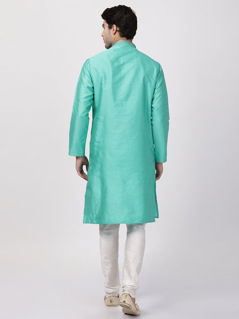 Vastramay Men's Green Cotton Silk Blend Kurta and Pyjama Set