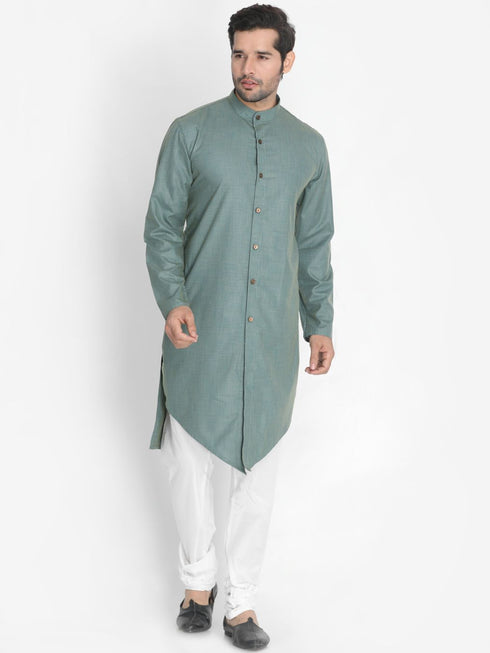 VASTRAMAY Men's Green Cotton Blend Kurta and Churidar Set