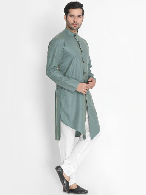 VASTRAMAY Men's Green Cotton Blend Kurta and Churidar Set