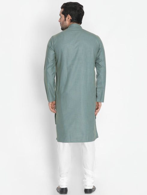 VASTRAMAY Men's Green Cotton Blend Kurta and Churidar Set