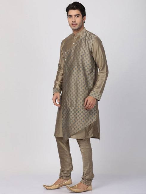 Vastramay Men's Copper-toned Cotton Silk Blend Kurta and Churidar Set