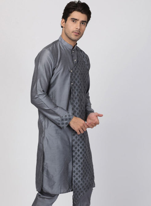 Vastramay Men's Grey Cotton Silk Blend Kurta