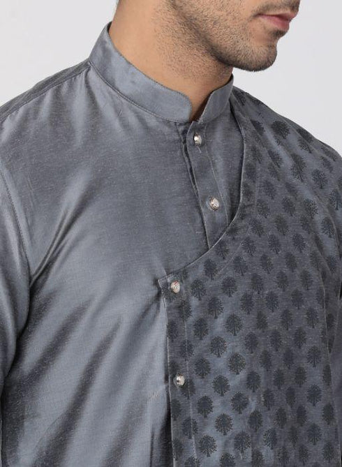 Vastramay Men's Grey Cotton Silk Blend Kurta