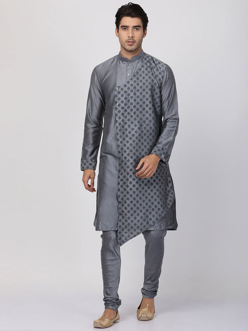Vastramay Men's Grey Cotton Silk Blend Kurta and Churidar Set
