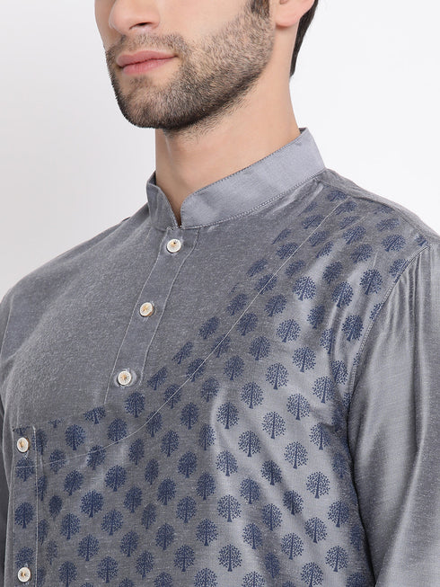 Vastramay Men's Grey Cotton Silk Blend Kurta and Churidar Set