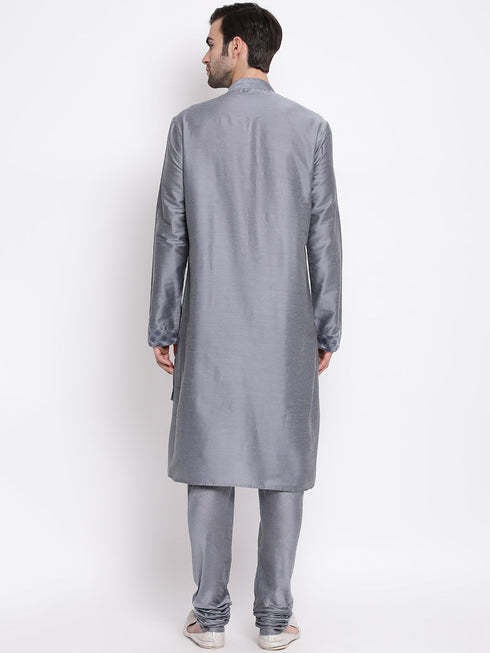 Vastramay Men's Grey Cotton Silk Blend Kurta and Churidar Set