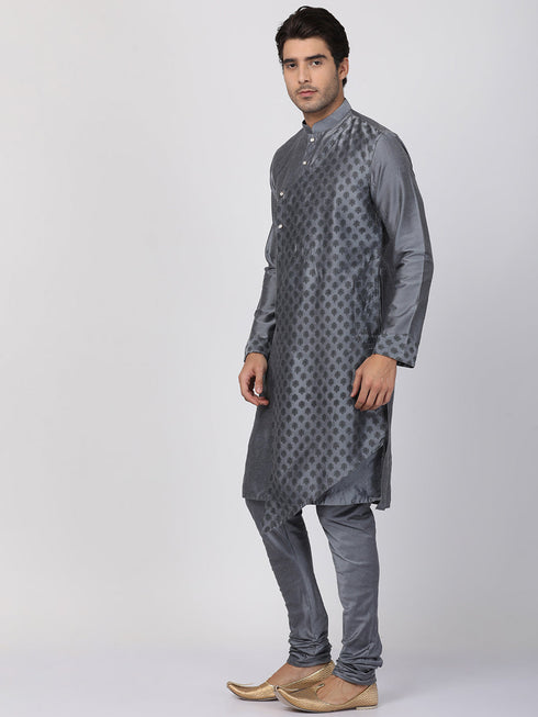 Vastramay Men's Grey Cotton Silk Blend Kurta and Churidar Set