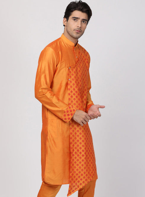 Vastramay Men's Orange Cotton Silk Blend Kurta