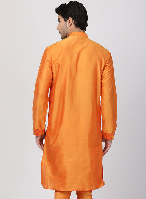 Vastramay Men's Orange Cotton Silk Blend Kurta