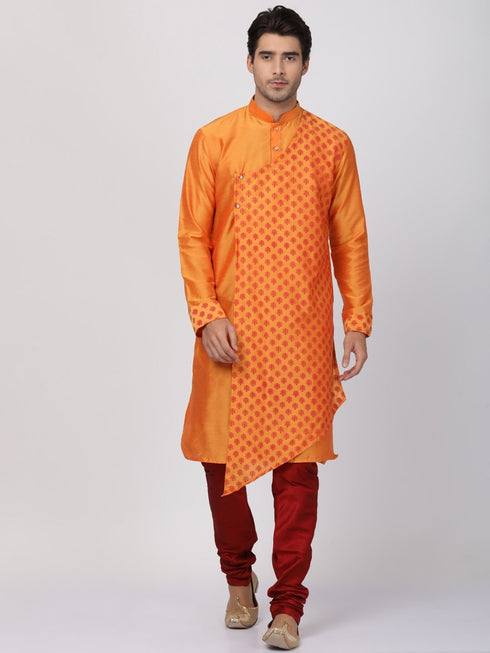VASTRAMAY Men's Orange Cotton Silk Blend Kurta and Churidar Set